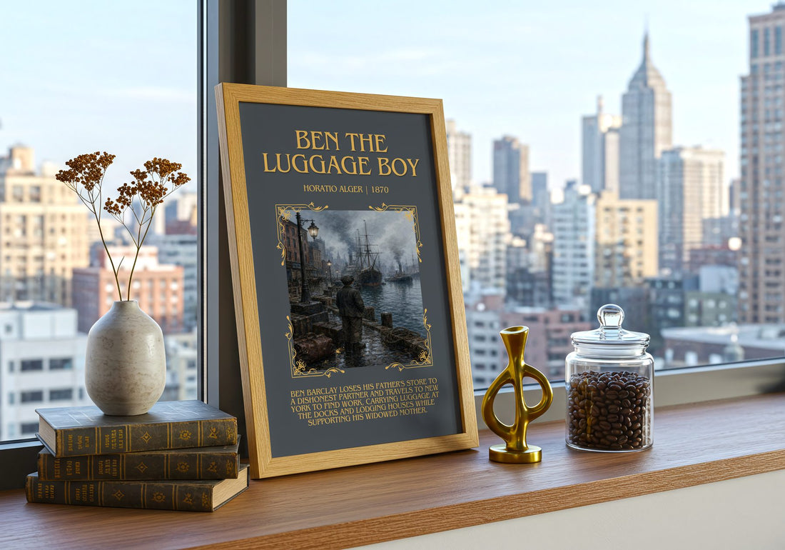 Ben The Luggage Boy Minimalist Book Poster by Horatio Alger – framed print on a city-view windowsill