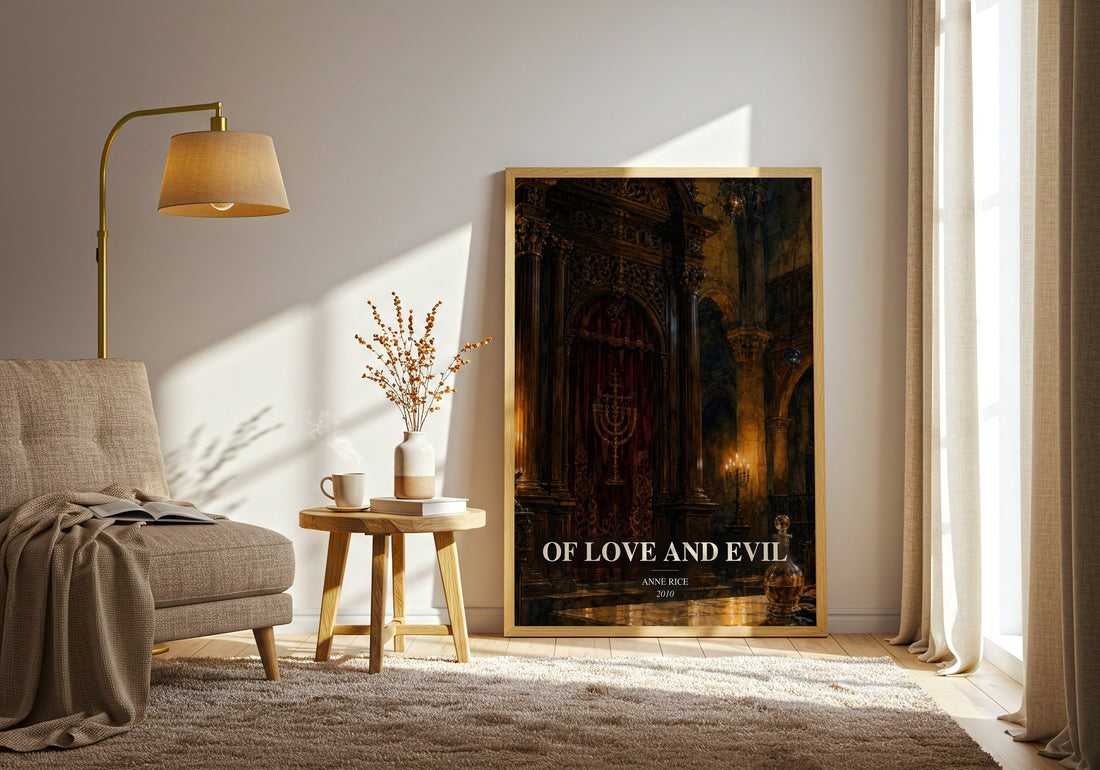 Of Love And Evil watercolour print in frame leaning in hallway – fantasy wall art (mockup)