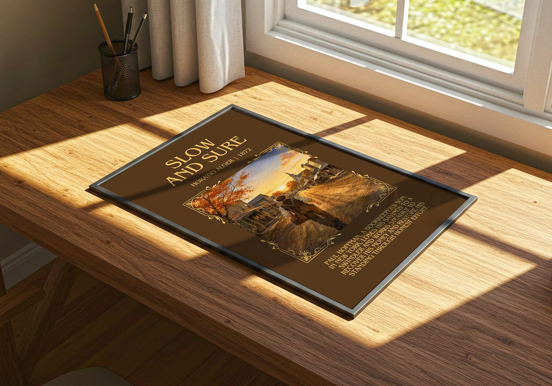 Slow And Sure Minimalist Book Poster by Horatio Alger – print on a sunlit desk