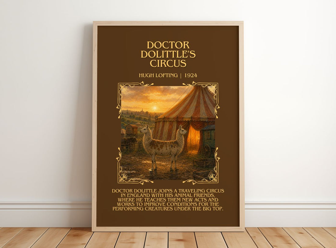 Doctor Dolittle'S Circus Minimalist Book Poster by Hugh Lofting – framed print leaning on a wooden floor