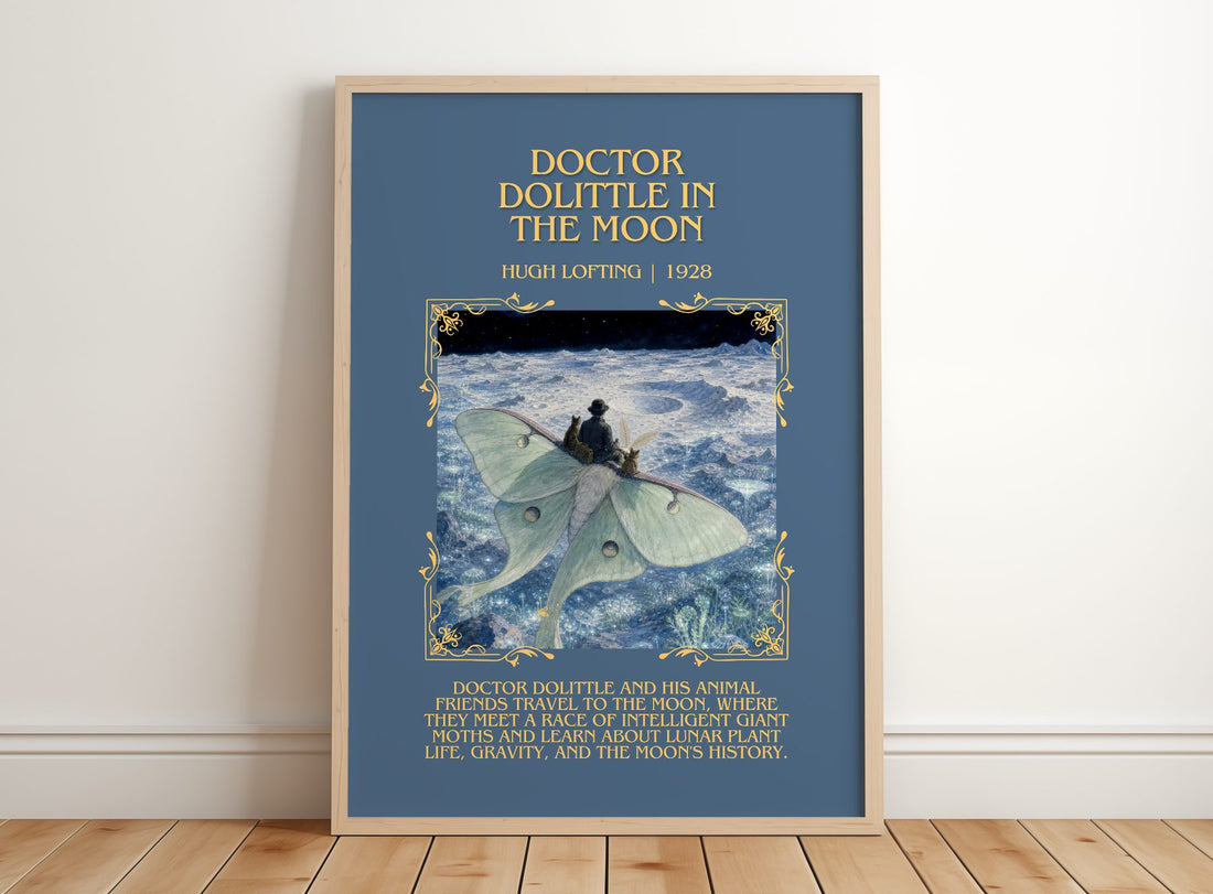 Doctor Dolittle In The Moon Minimalist Book Poster by Hugh Lofting – framed print leaning on a wooden floor
