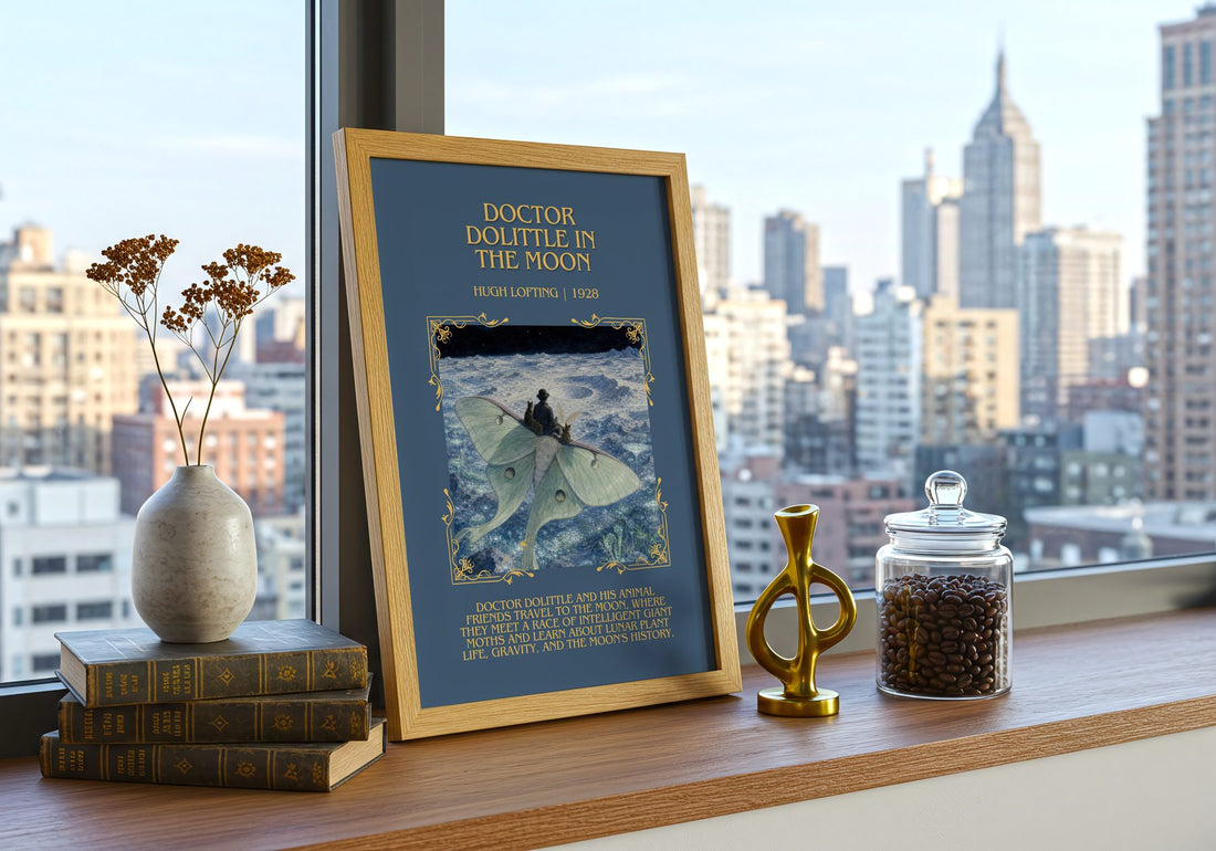 Doctor Dolittle In The Moon Minimalist Book Poster by Hugh Lofting – framed print on a city-view windowsill