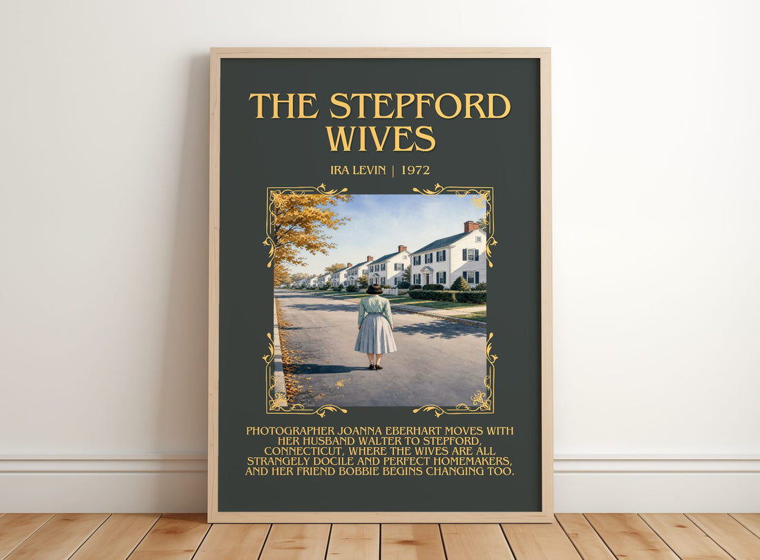 The Stepford Wives Minimalist Book Poster by Ira Levin – framed print leaning on a wooden floor