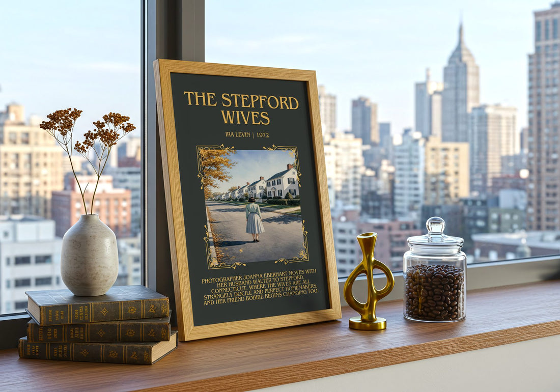 The Stepford Wives Minimalist Book Poster by Ira Levin – framed print on a city-view windowsill