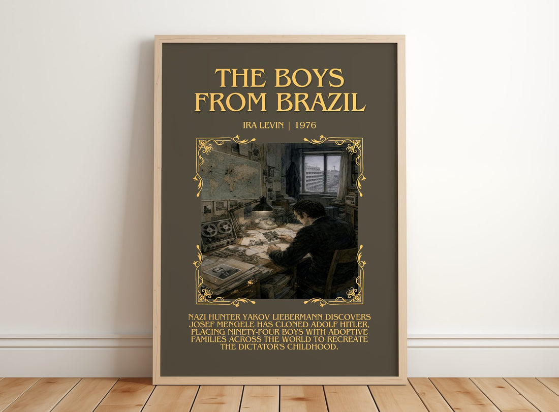 The Boys From Brazil Minimalist Book Poster by Ira Levin – framed print leaning on a wooden floor