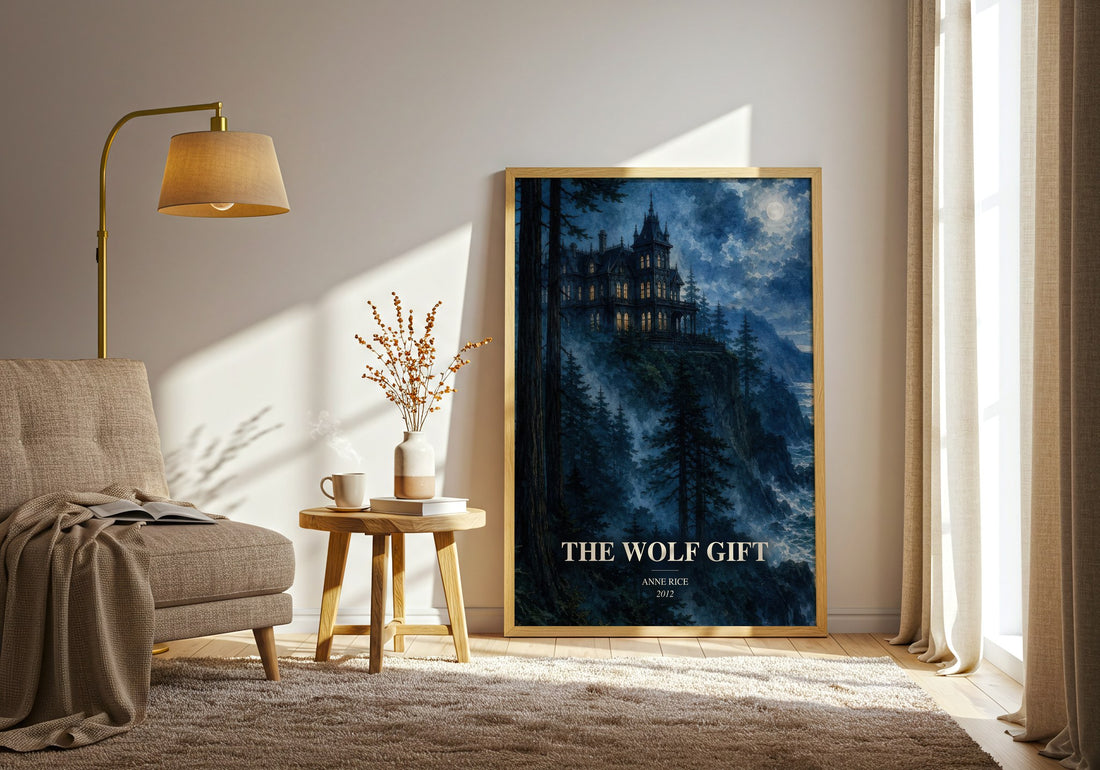 The Wolf Gift watercolour print in frame leaning in hallway – horror wall art (mockup)