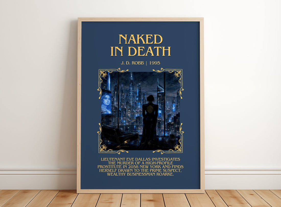 Naked In Death Minimalist Book Poster by J. D. Robb – framed print leaning on a wooden floor