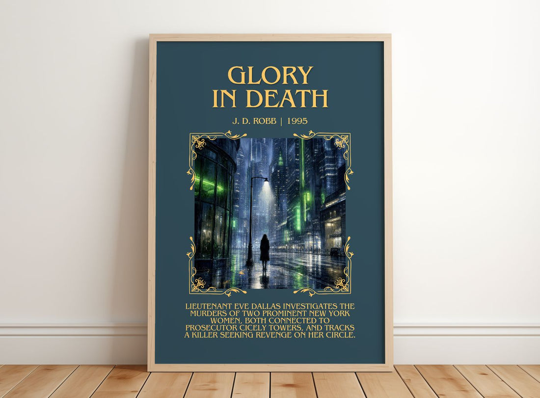 Glory In Death Minimalist Book Poster by J. D. Robb – framed print leaning on a wooden floor