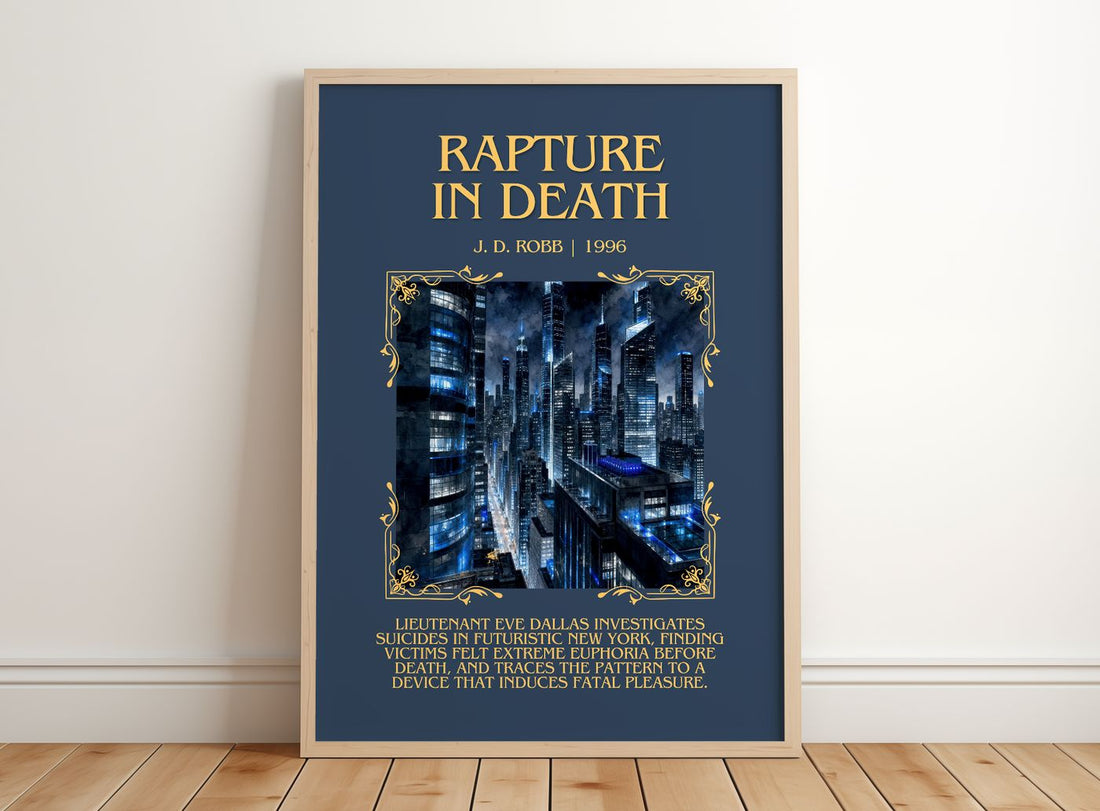 Rapture In Death Minimalist Book Poster by J. D. Robb – framed print leaning on a wooden floor