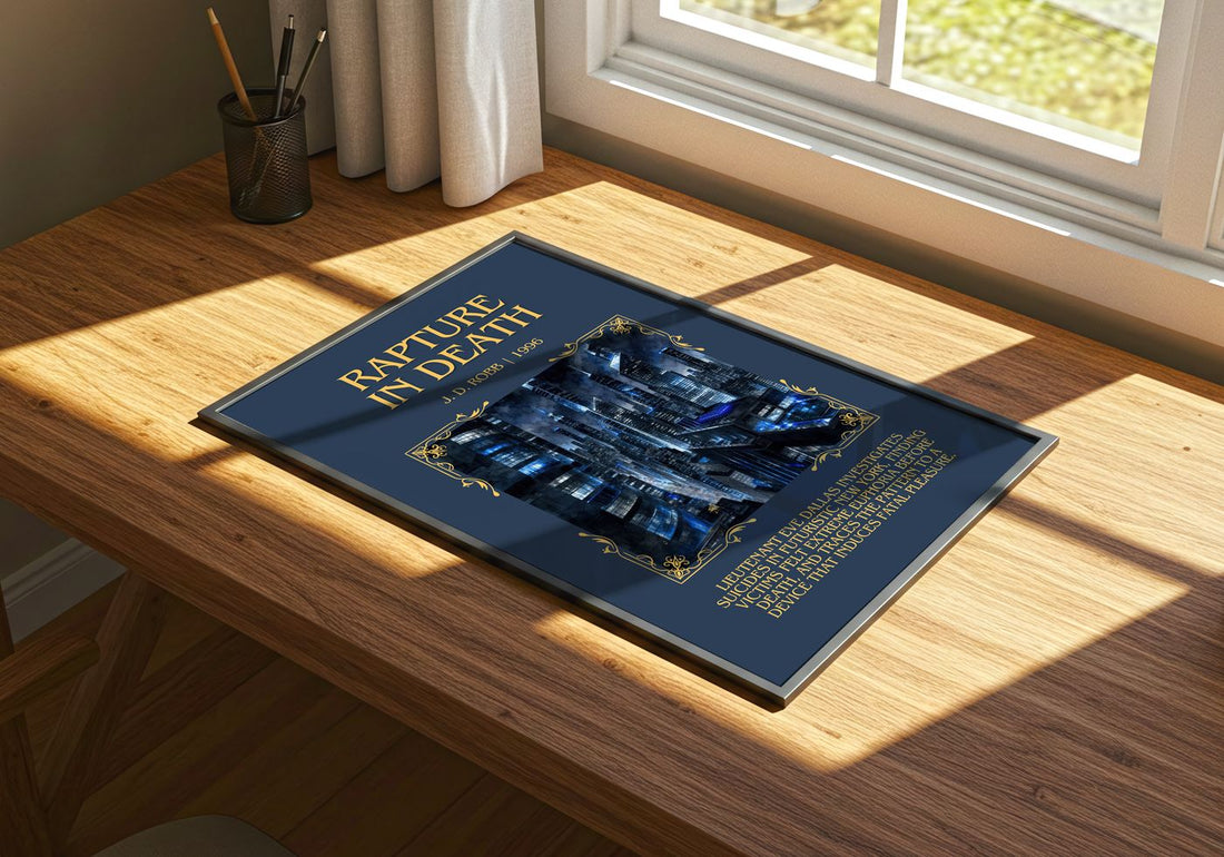 Rapture In Death Minimalist Book Poster by J. D. Robb – print on a sunlit desk