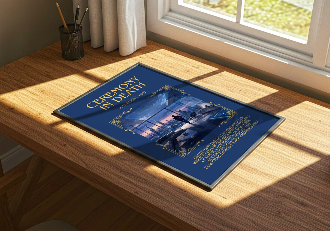Ceremony In Death Minimalist Book Poster by J. D. Robb – print on a sunlit desk