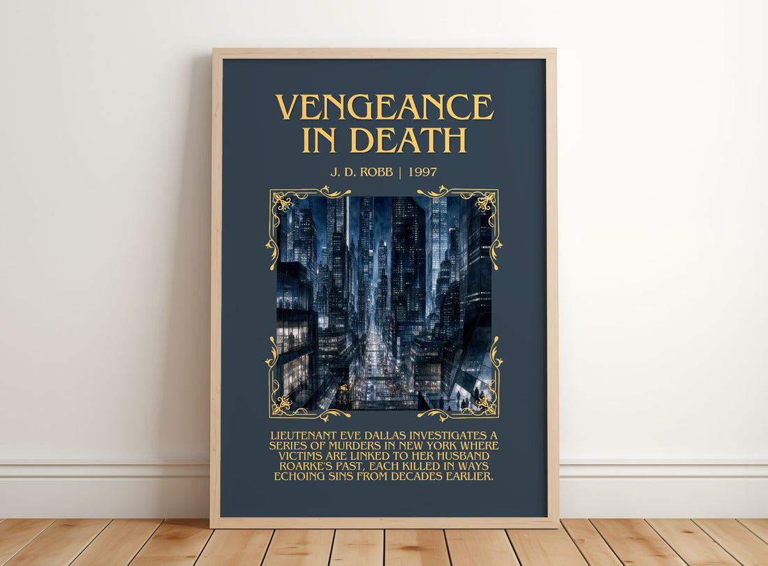 Vengeance In Death Minimalist Book Poster by J. D. Robb – framed print leaning on a wooden floor