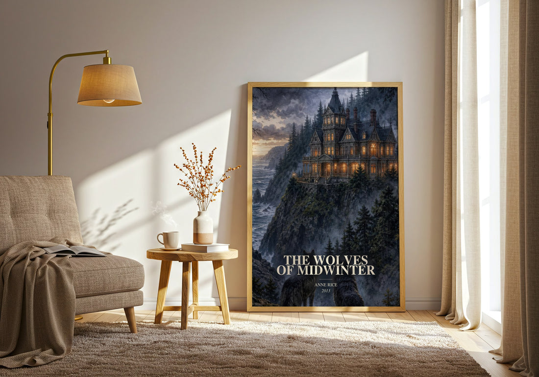 The Wolves Of Midwinter watercolour print in frame leaning in hallway – gothic wall art (mockup)