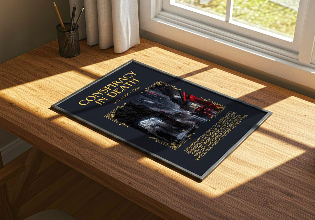 Conspiracy In Death Minimalist Book Poster by J. D. Robb – print on a sunlit desk