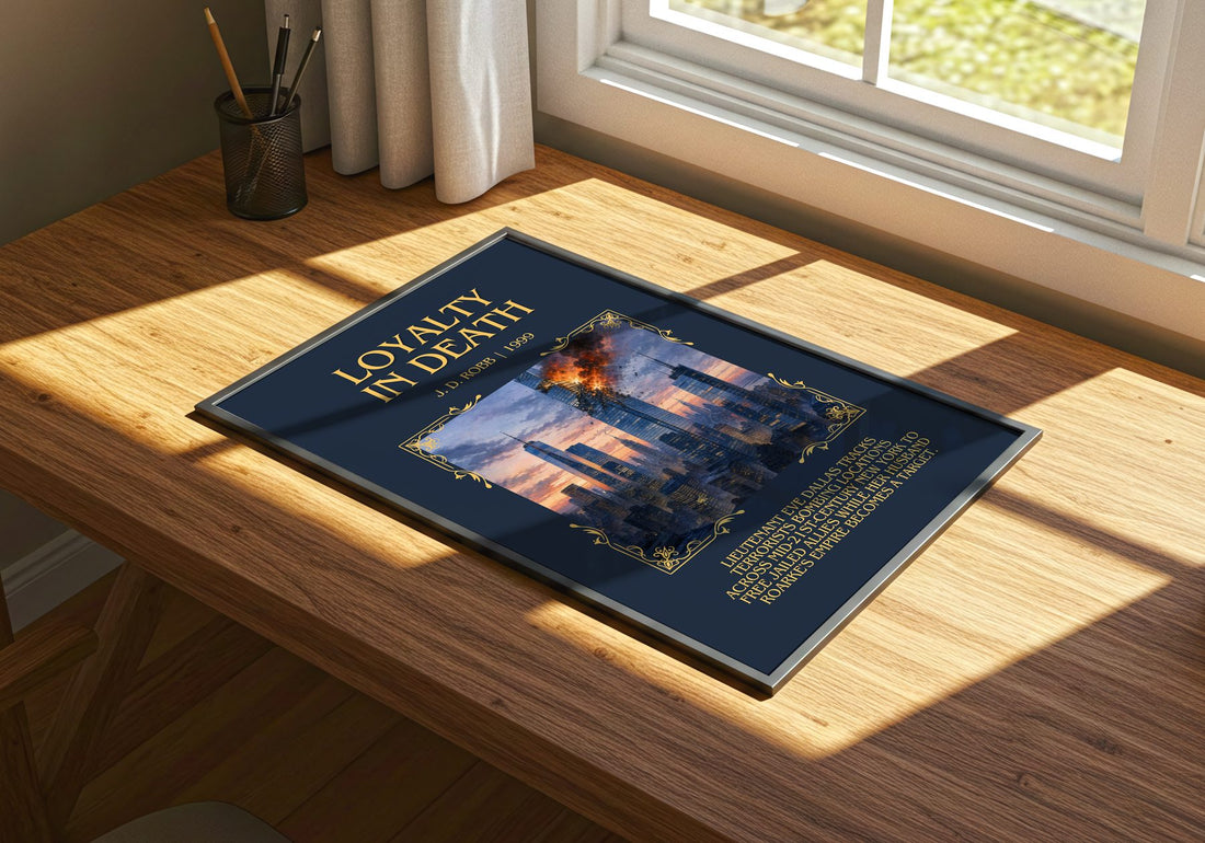 Loyalty In Death Minimalist Book Poster by J. D. Robb – print on a sunlit desk