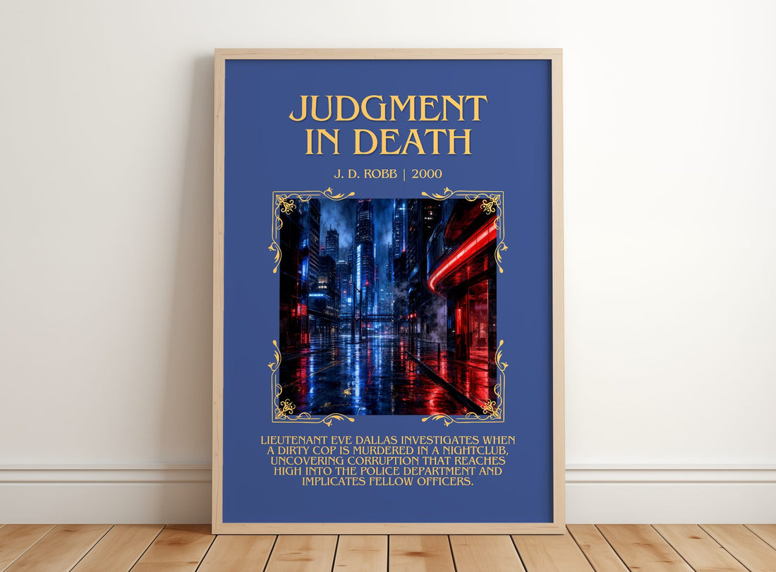 Judgment In Death Minimalist Book Poster by J. D. Robb – framed print leaning on a wooden floor