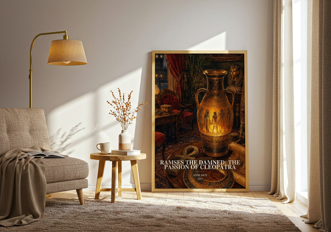Ramses The Damned: The Passion Of Cleopatra watercolour print in frame leaning in hallway – fantasy wall art (mockup)
