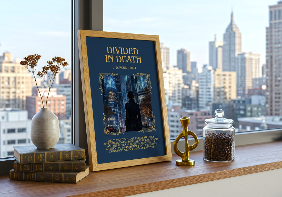 Divided In Death Minimalist Book Poster by J. D. Robb – framed print on a city-view windowsill