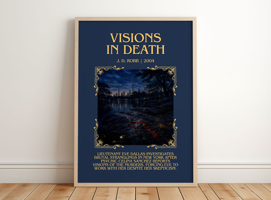 Visions In Death Minimalist Book Poster by J. D. Robb – framed print leaning on a wooden floor