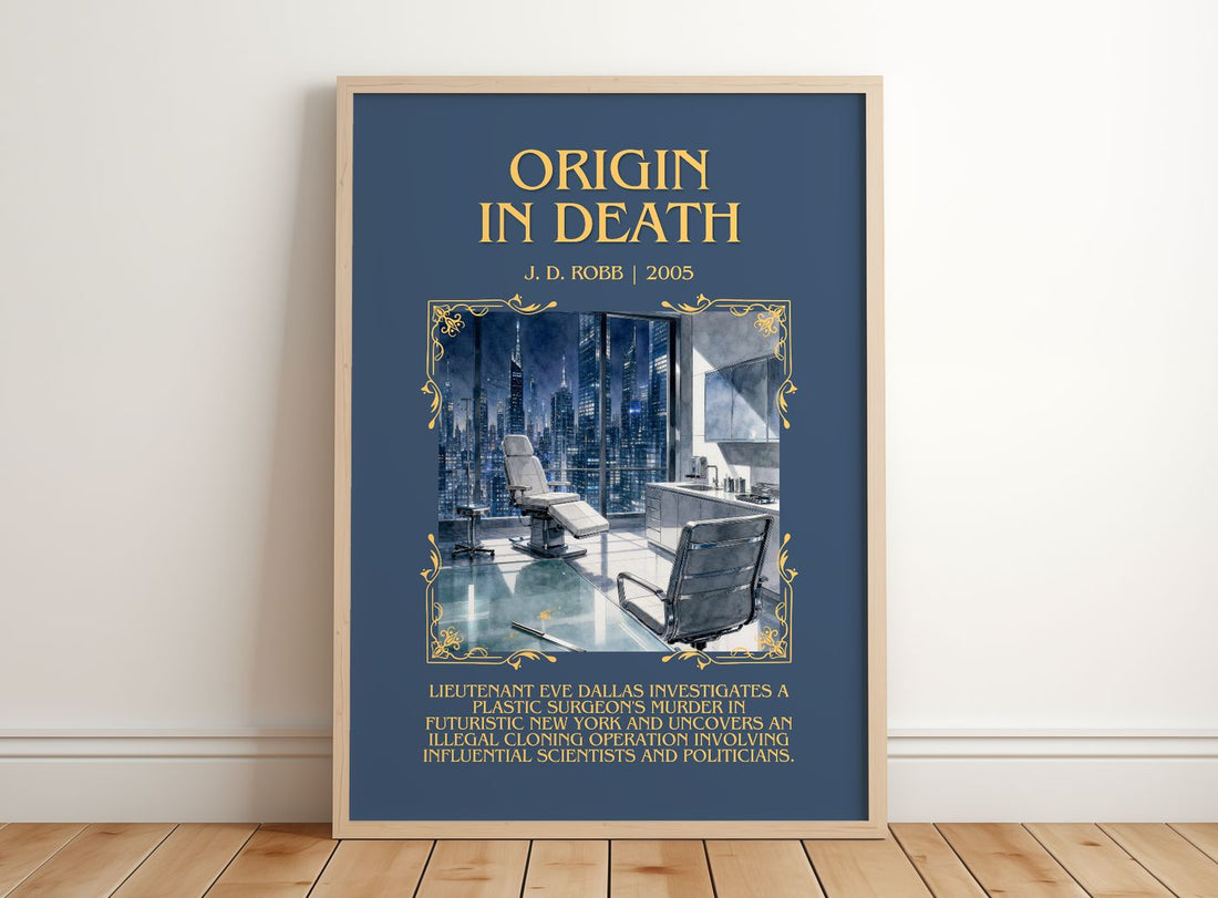 Origin In Death Minimalist Book Poster by J. D. Robb – framed print leaning on a wooden floor