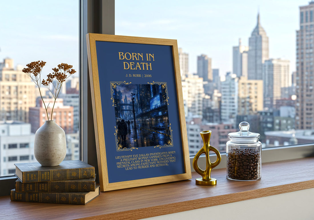 Born In Death Minimalist Book Poster by J. D. Robb – framed print on a city-view windowsill