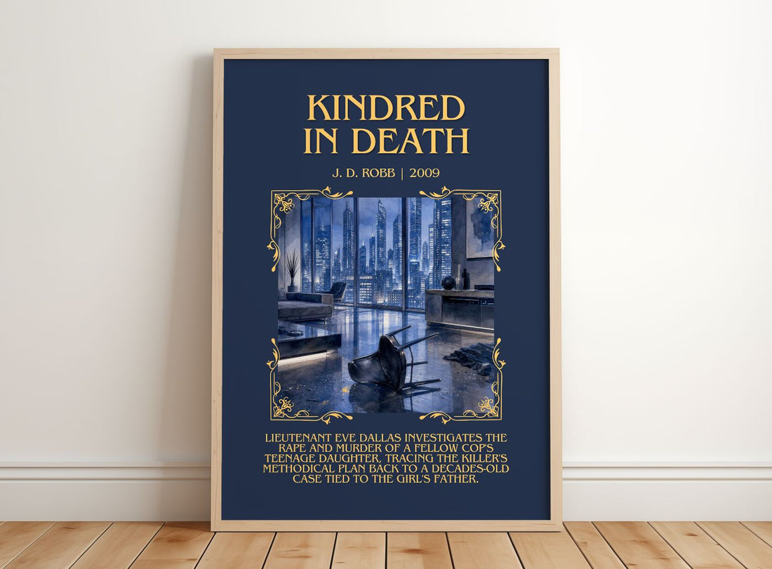 Kindred In Death Minimalist Book Poster by J. D. Robb – framed print leaning on a wooden floor