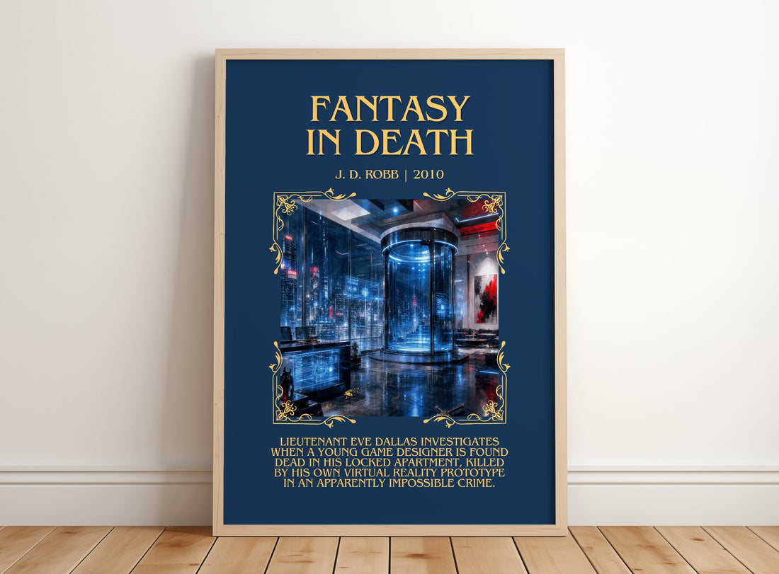 Fantasy In Death Minimalist Book Poster by J. D. Robb – framed print leaning on a wooden floor
