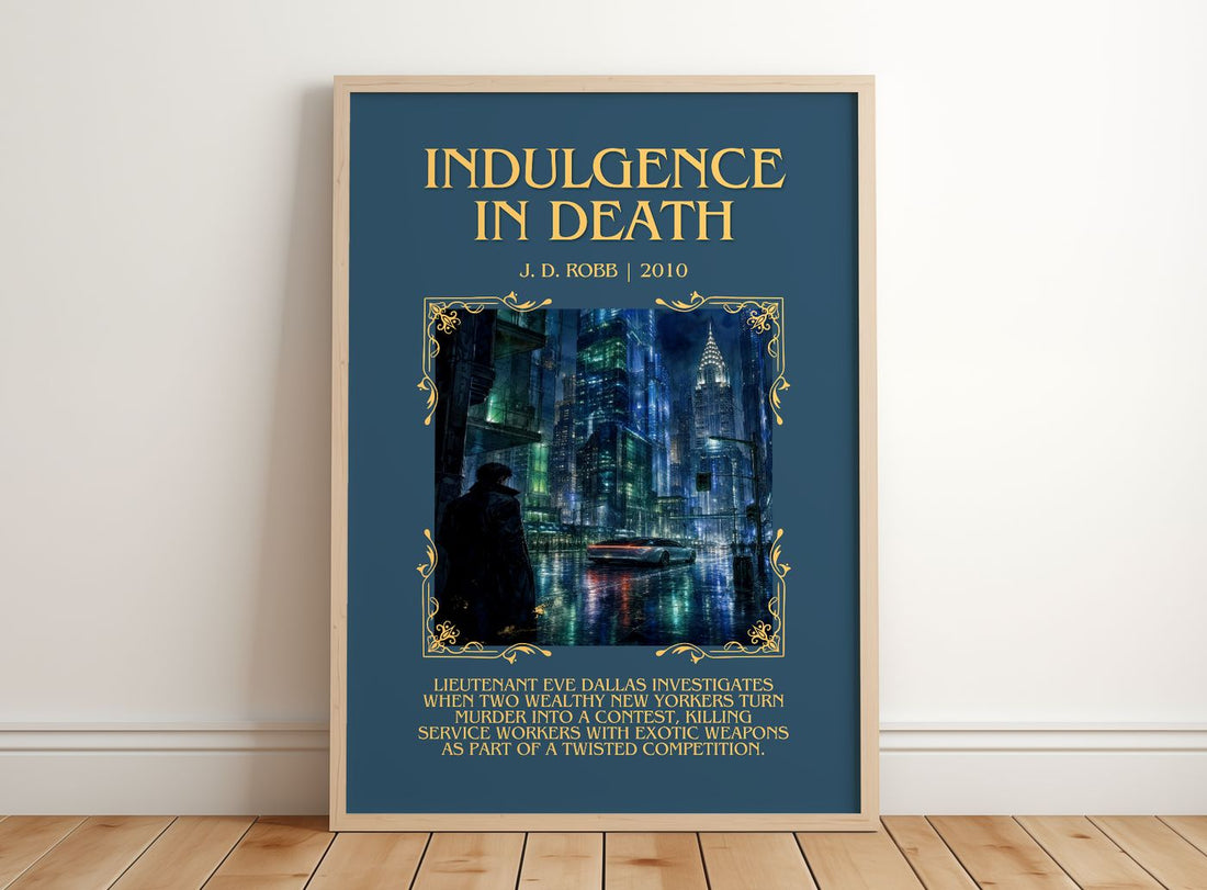 Indulgence In Death Minimalist Book Poster by J. D. Robb – framed print leaning on a wooden floor