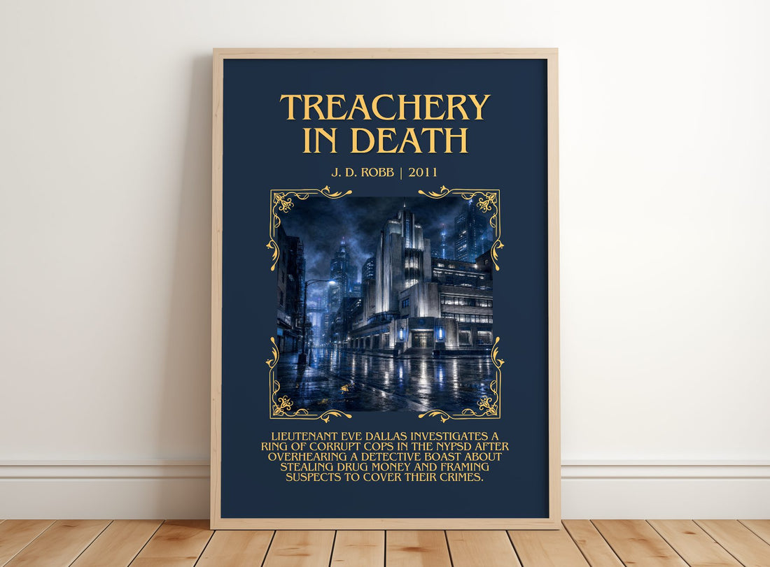 Treachery In Death Minimalist Book Poster by J. D. Robb – framed print leaning on a wooden floor