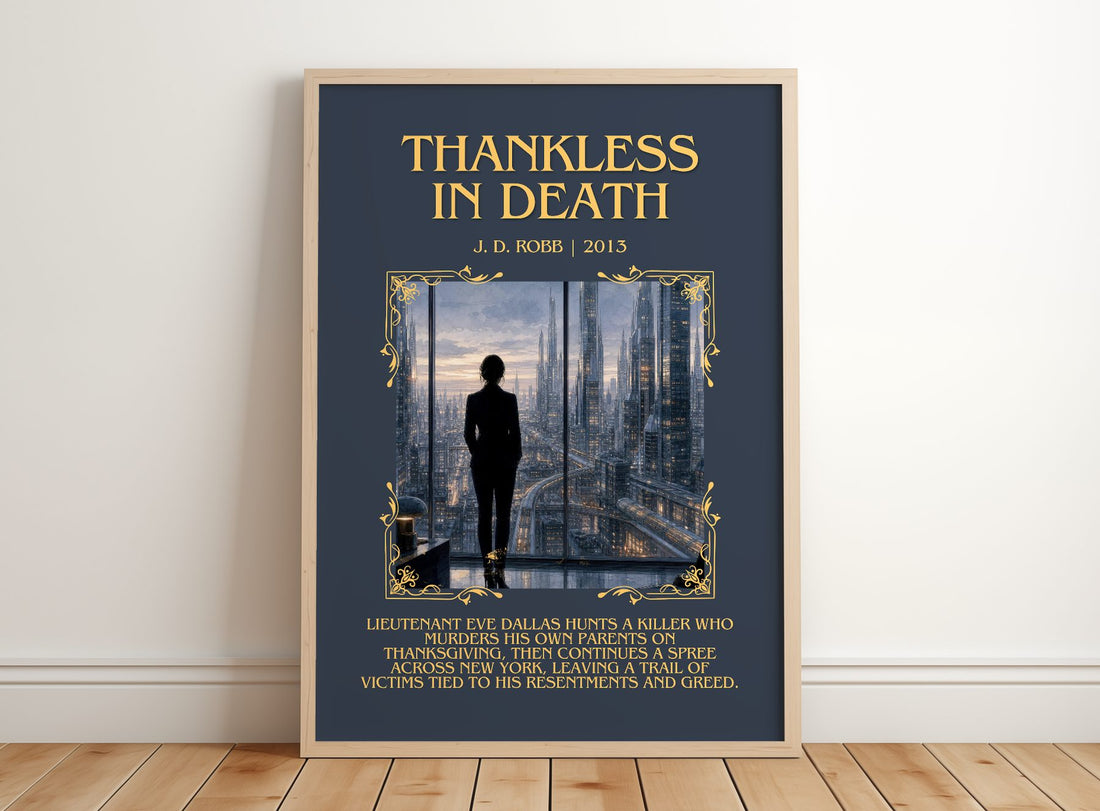 Thankless In Death Minimalist Book Poster by J. D. Robb – framed print leaning on a wooden floor