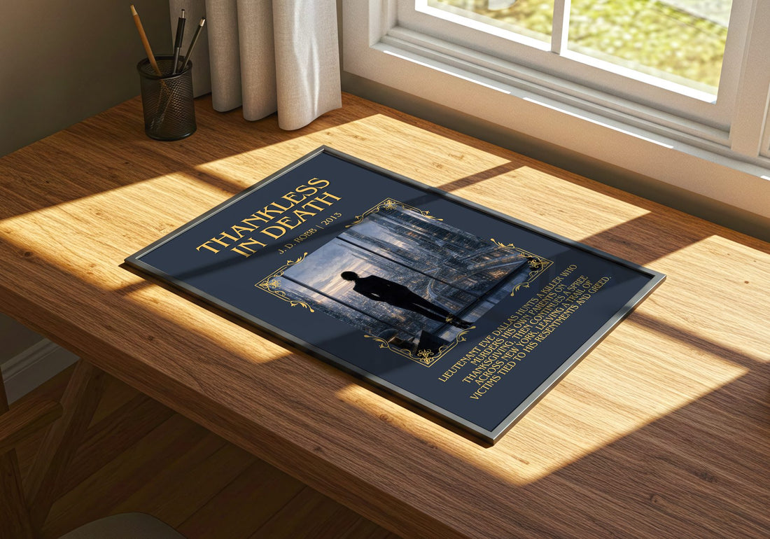 Thankless In Death Minimalist Book Poster by J. D. Robb – print on a sunlit desk