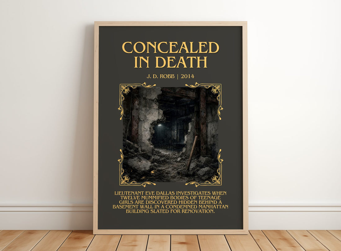 Concealed In Death Minimalist Book Poster by J. D. Robb – framed print leaning on a wooden floor