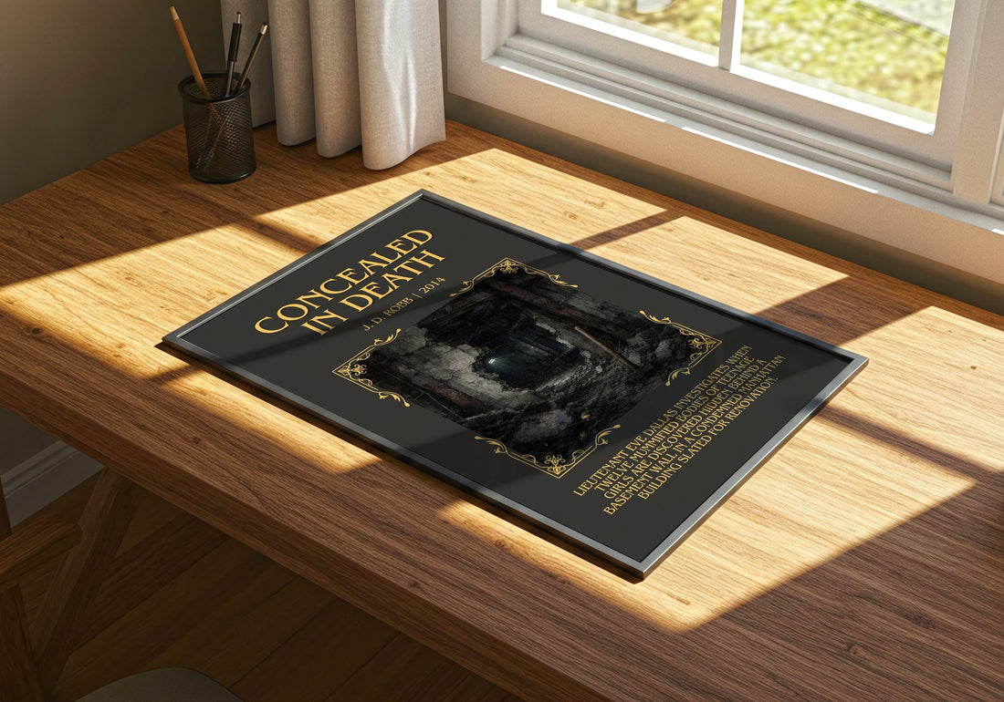 Concealed In Death Minimalist Book Poster by J. D. Robb – print on a sunlit desk