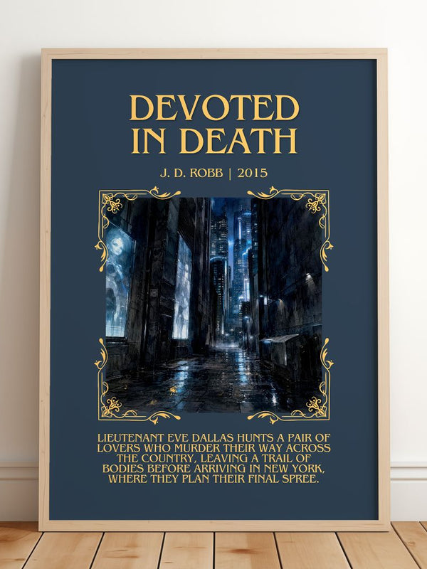 Devoted In Death Minimalist Book Poster by J. D. Robb – framed print leaning on a wooden floor