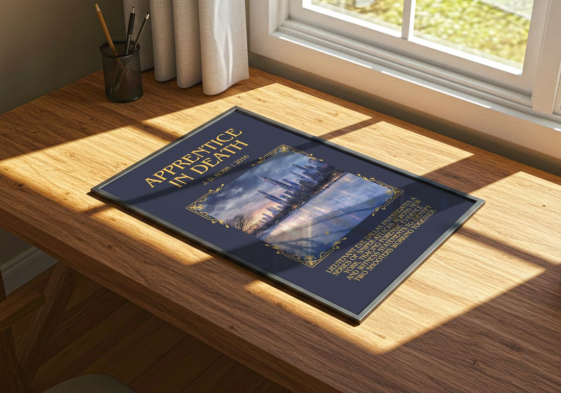 Apprentice In Death Minimalist Book Poster by J. D. Robb – print on a sunlit desk