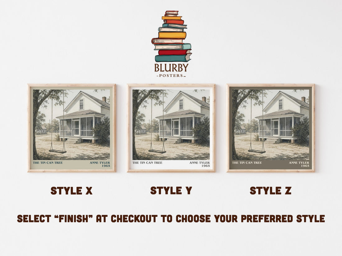The Tin Can Tree literary print in frame leaning in hallway – literary fiction wall art (mockup)