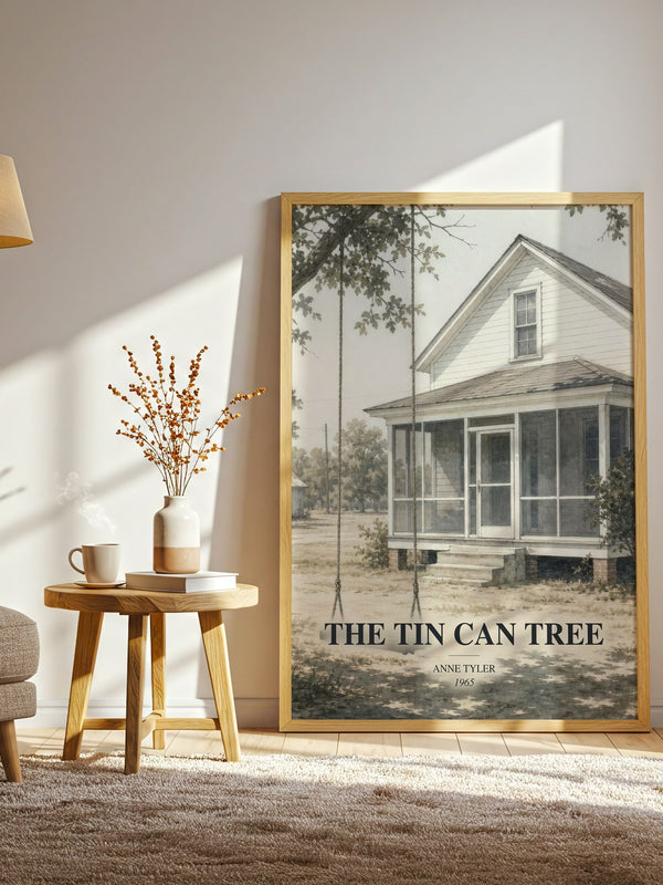 The Tin Can Tree watercolour print in frame leaning in hallway – literary fiction wall art