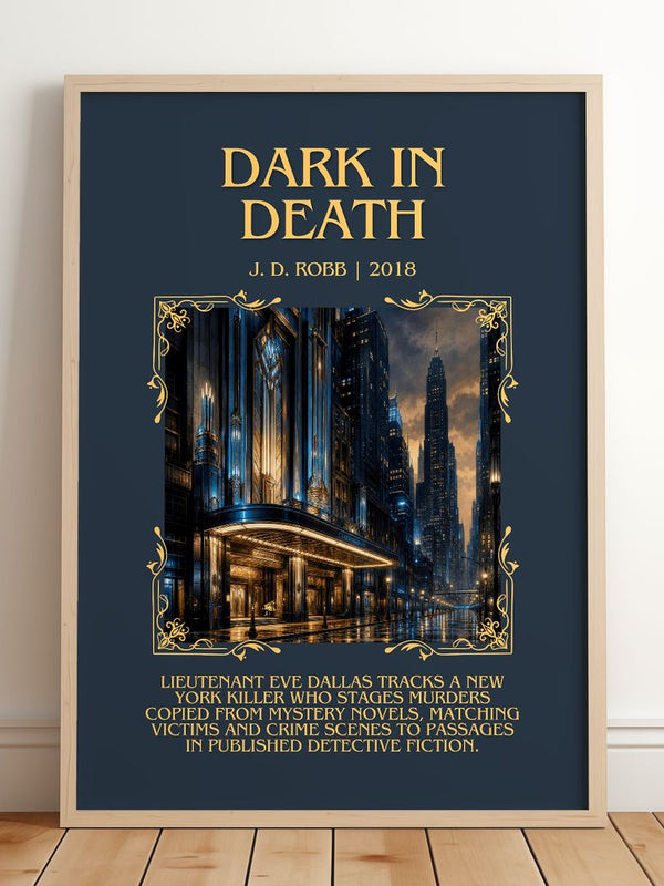 Dark In Death Minimalist Book Poster by J. D. Robb – framed print leaning on a wooden floor