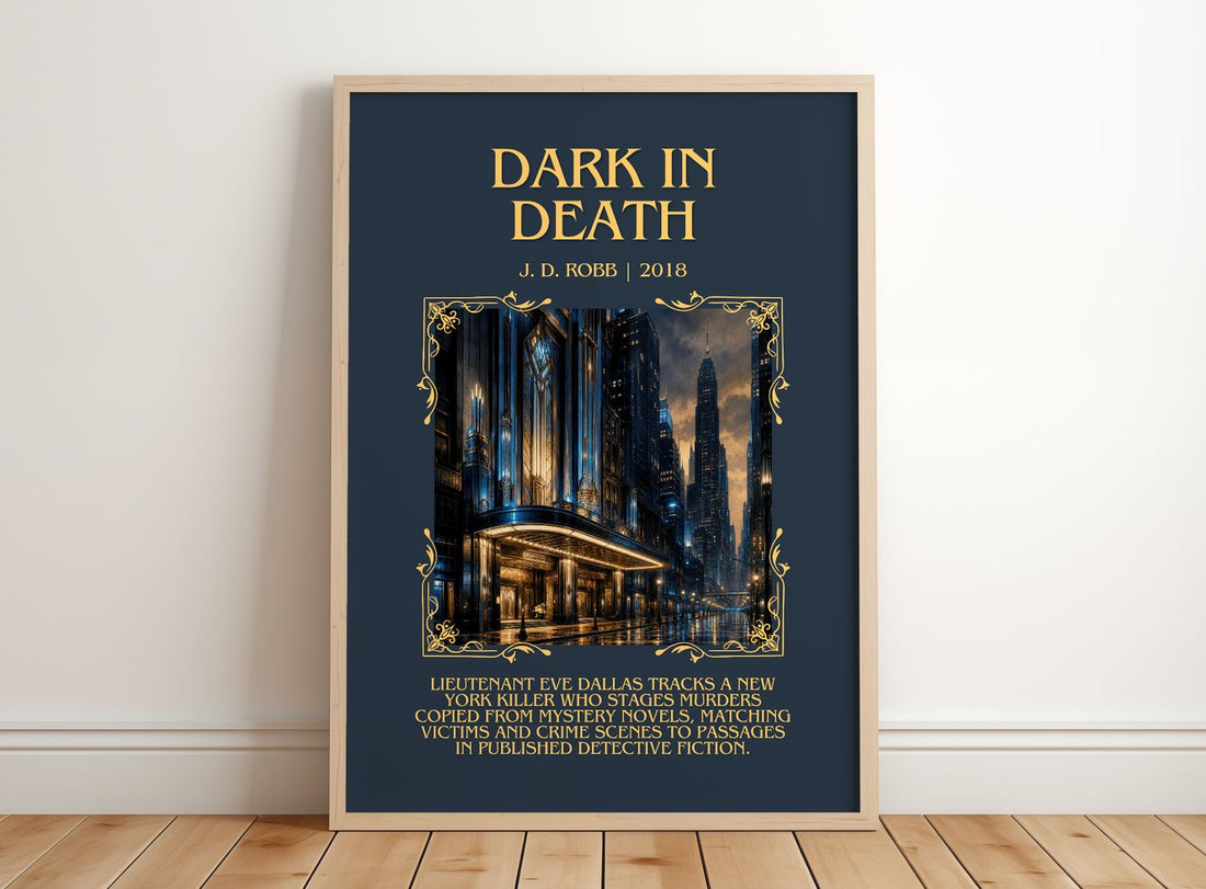 Dark In Death Minimalist Book Poster by J. D. Robb – framed print leaning on a wooden floor