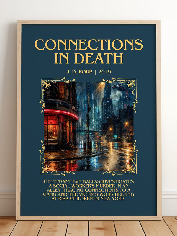 Connections In Death Minimalist Book Poster by J. D. Robb – framed print leaning on a wooden floor