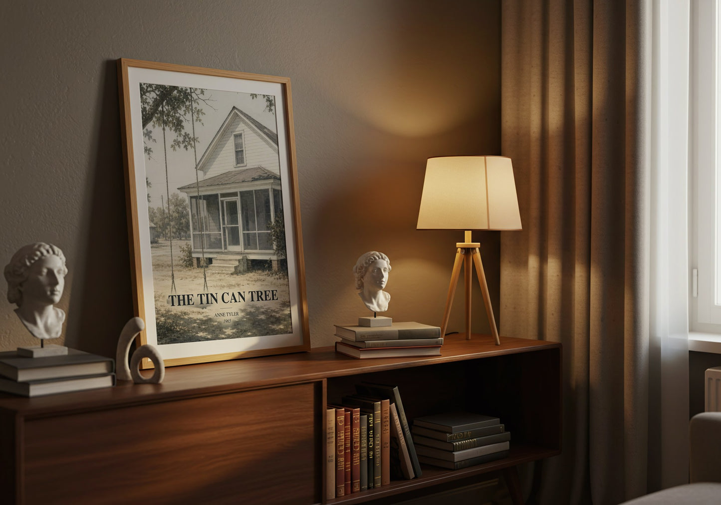 The Tin Can Tree watercolour print on bookshelf – Anne Tyler fan gift