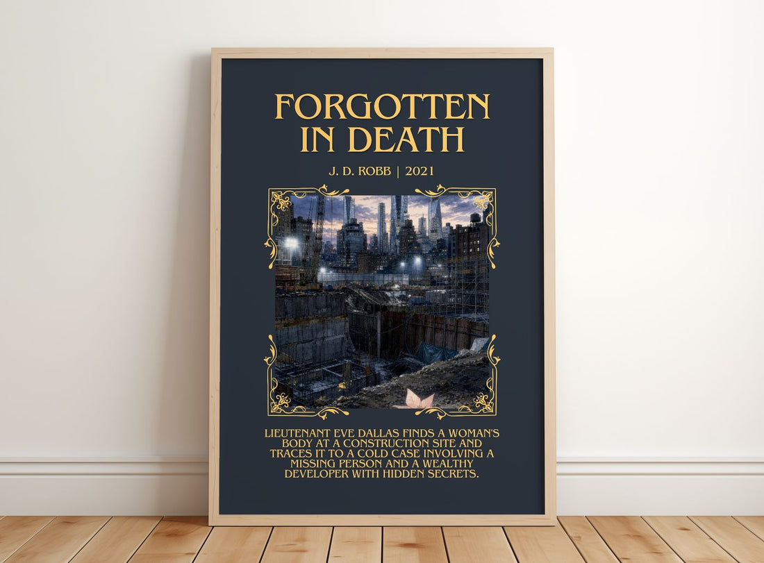Forgotten In Death Minimalist Book Poster by J. D. Robb – framed print leaning on a wooden floor