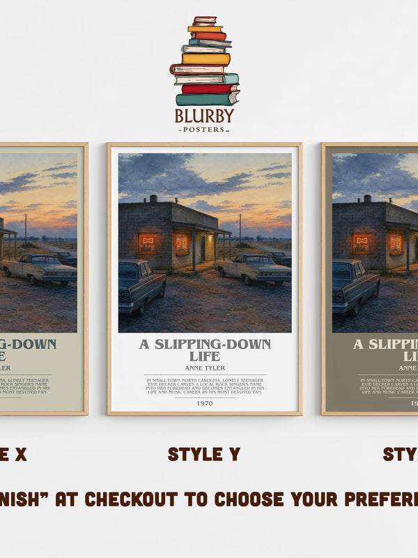 A Slipping-Down Life bookish print in frame leaning in hallway – contemporary fiction wall art