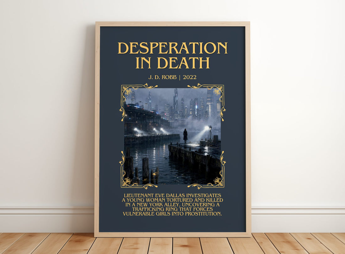 Desperation In Death Minimalist Book Poster by J. D. Robb – framed print leaning on a wooden floor