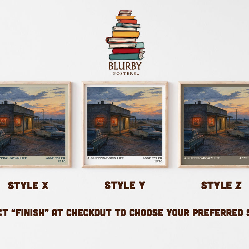 A Slipping-Down Life literary print in frame leaning in hallway – contemporary fiction wall art