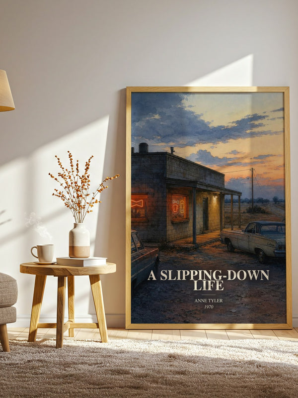 A Slipping-Down Life watercolour print in frame leaning in hallway – contemporary fiction wall art