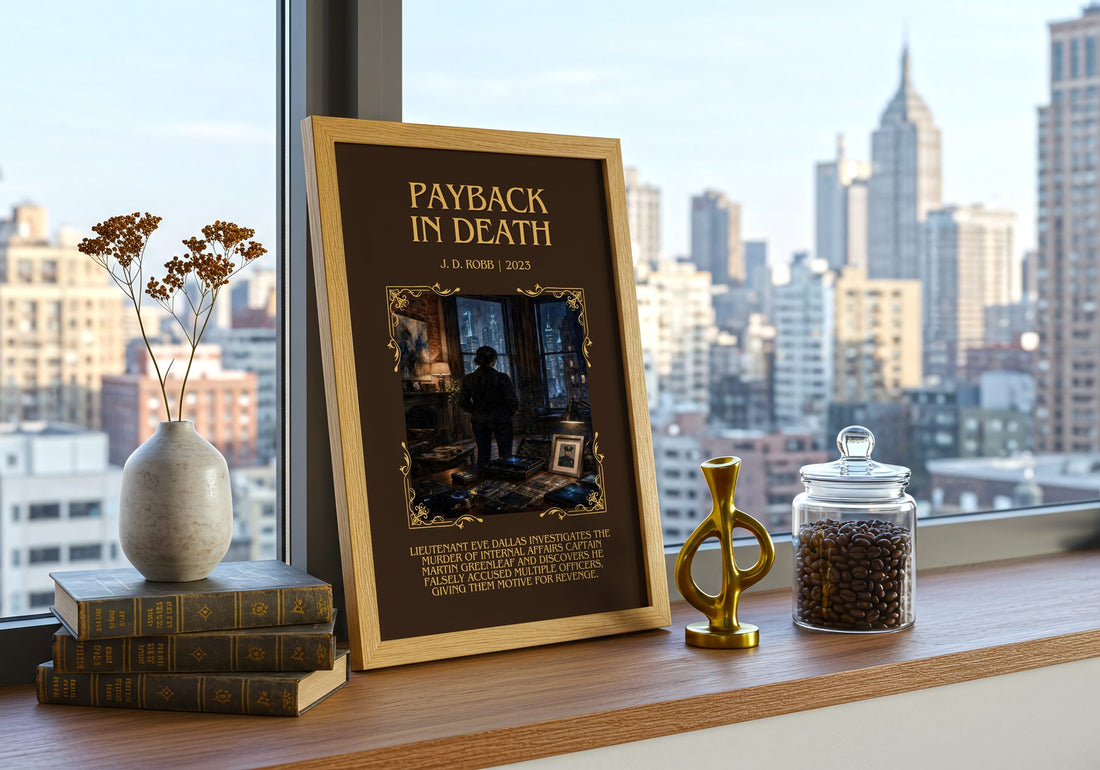 Payback In Death Minimalist Book Poster by J. D. Robb – framed print on a city-view windowsill