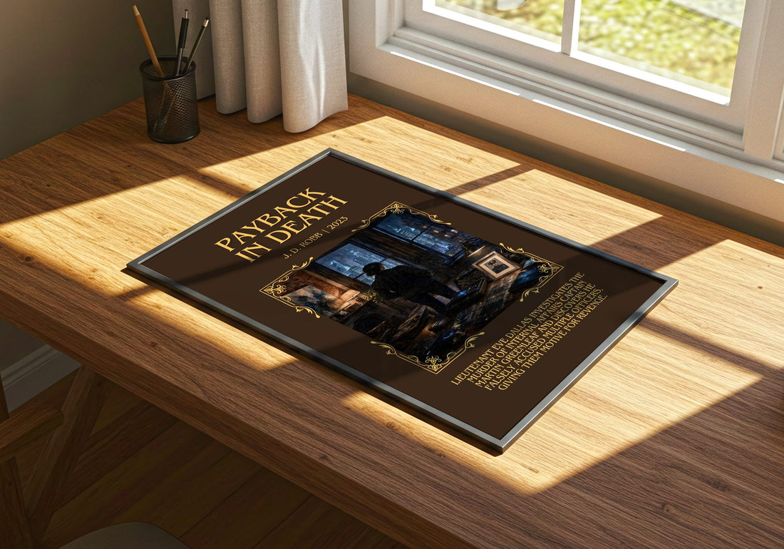 Payback In Death Minimalist Book Poster by J. D. Robb – print on a sunlit desk
