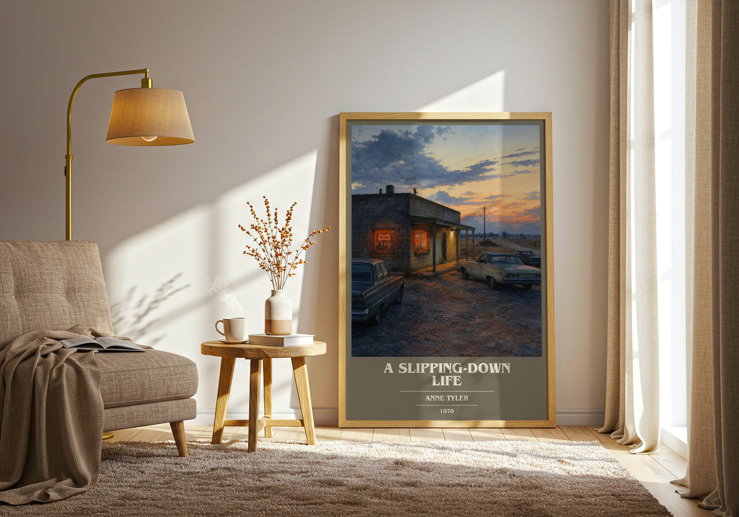 A Slipping-Down Life book cover print on bookshelf – Anne Tyler fan gift