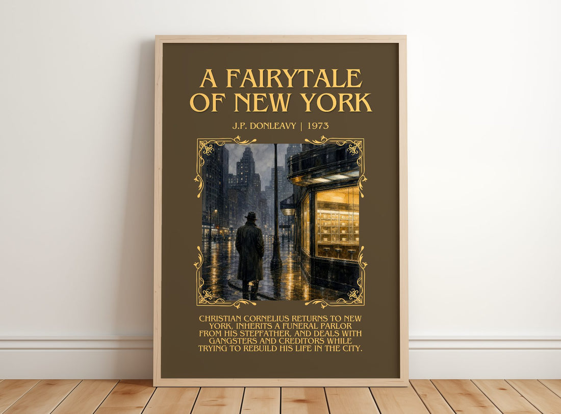 A Fairytale Of New York Minimalist Book Poster by J.P. Donleavy – framed print leaning on a wooden floor